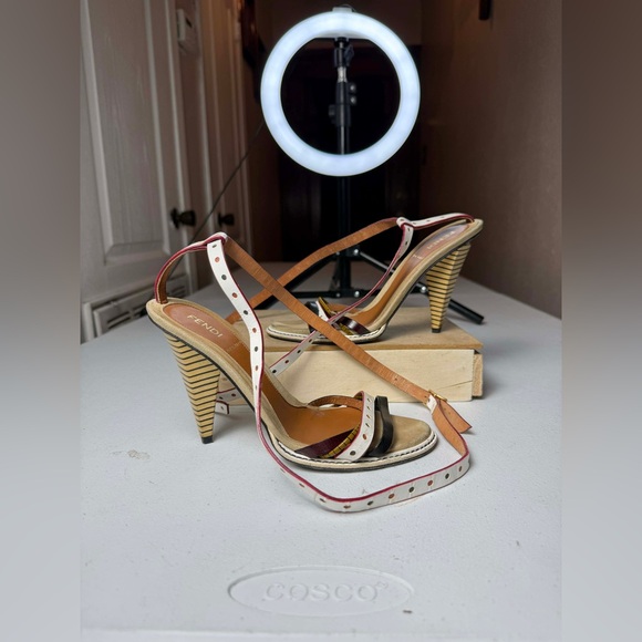 Fendi Shoes - Fendi Multicolour Leather Ankle Strap Heeled Sandals Size 36 / US 6